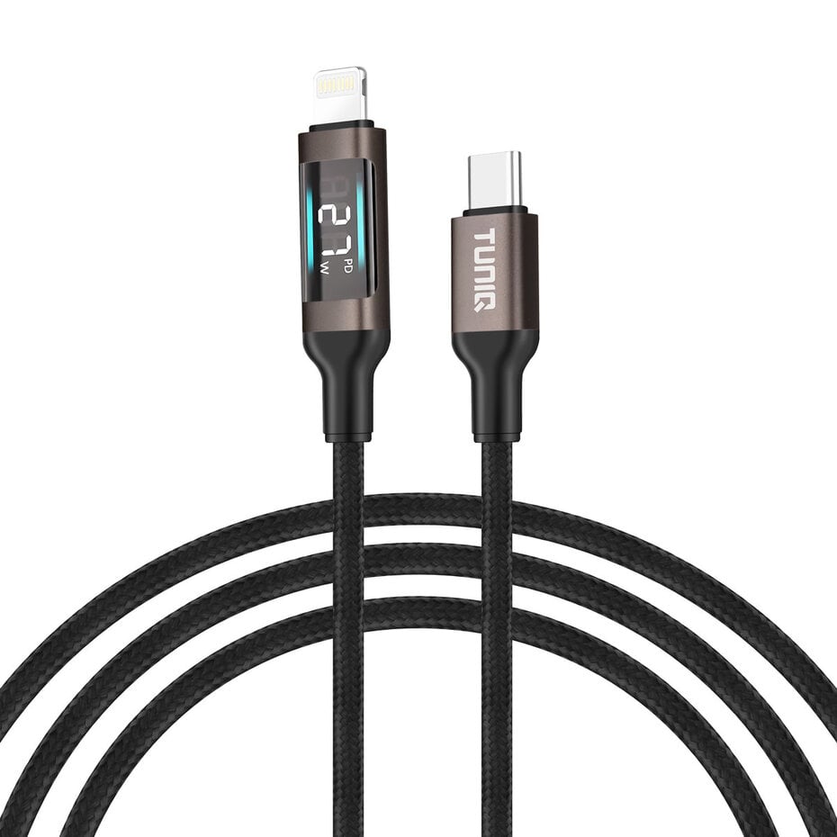 Op de foto zie je een gevlochten USB-C-naar-Lightning-kabel. Het hoofddoel is om apparaten snel op te laden en de actuele laadsnelheid te tonen. De kabel is zwart met een stevige nylonmantel en beschikt over metalen connectorhuizen in antraciet met een klein LCD-display dat bijvoorbeeld 21 W PD laat zien. Je gebruikt hem thuis, op kantoor of onderweg wanneer je een USB-C-aansluiting hebt. Hij is vooral geschikt voor iPhone-gebruikers die snel en transparant willen opladen. Op basis van de foto vallen de extra robuuste buitenlaag, het geïntegreerde vermogen-display en de compacte metalen aansluitingen op. Daarmee biedt deze kabel een lange levensduur, realtime inzicht in laadsnelheid en brede compatibiliteit.